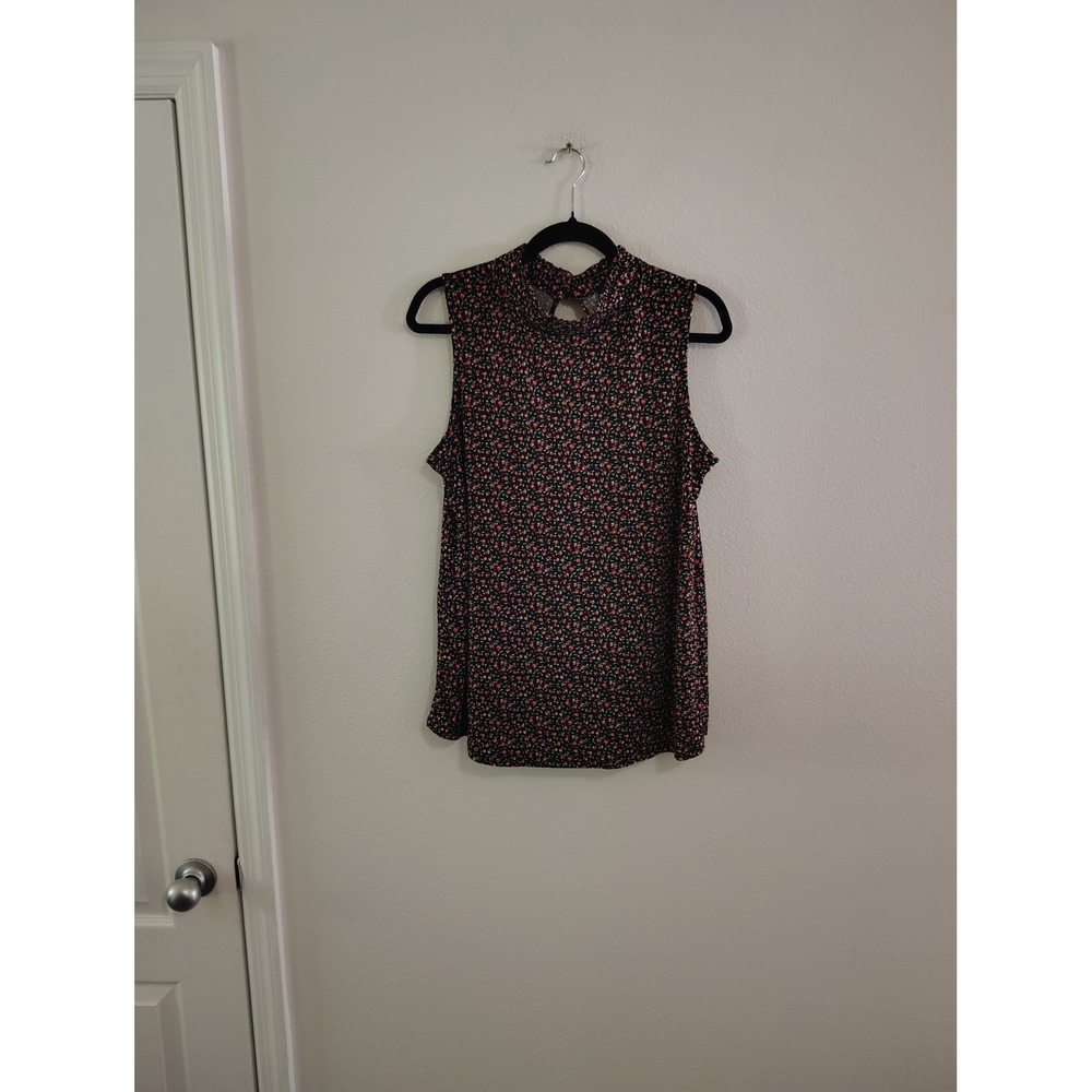 Flower & Feather Womens Large Black Ditsy Floral High Neck Sleeveless Blouse Top